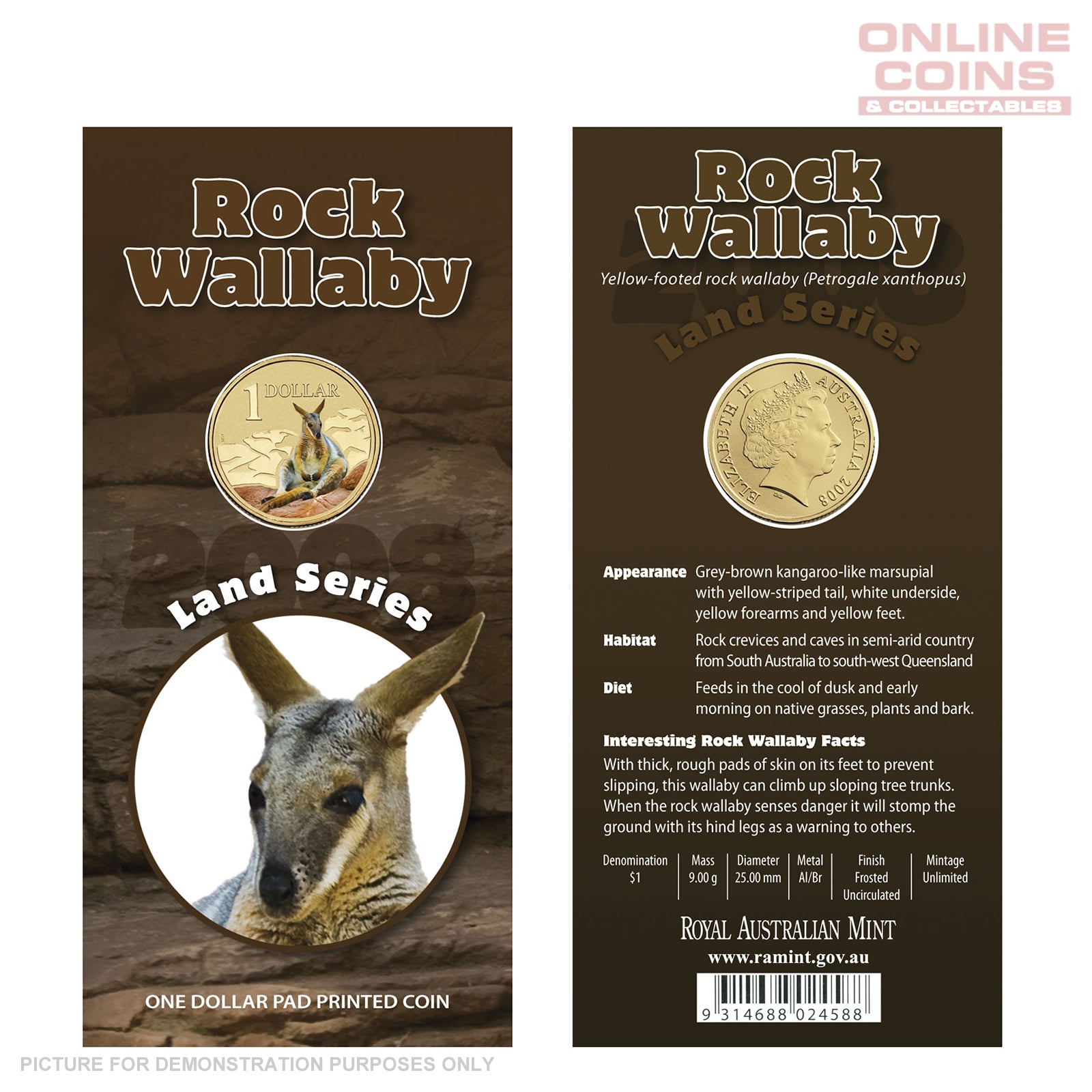 2008 Royal Australian Mint - $1 carded coin - Land Series - Rock Wallaby